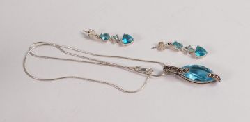 Silver pendant, necklace and earrings, each set with aqua stones.