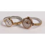 Two 9ct gold cased ladies wristwatches with gold plated expandable straps. (2)