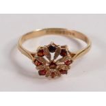 9ct gold ring with red stone cluster, size P, 1.4g.