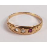 Antique 15ct gold ruby ring, size R, one ruby missing,1.7g.