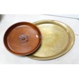 Turned wood Tray together with Brass Oval serving tray, largest 55cm(2)