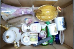 A mixed collection of items to include Lustre vases, decorative glass, novelty egg keep etc