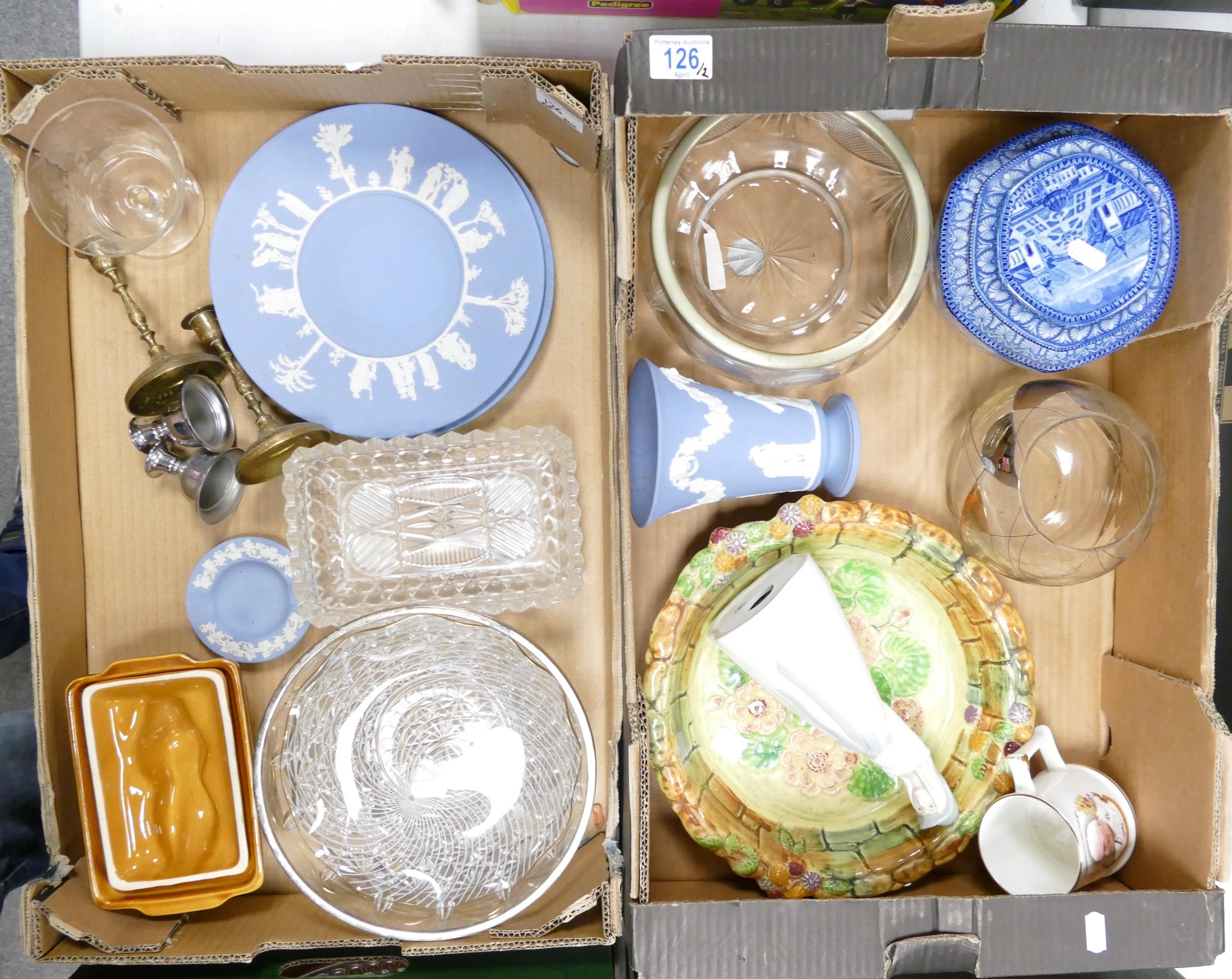 A mixed collection of items to include Wedgwood Jasperware plates & vases, brass candlesticks,