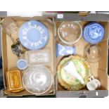 A mixed collection of items to include Wedgwood Jasperware plates & vases, brass candlesticks,