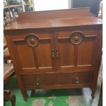 Mahogany 2 drawer 1 door side cabinet on metal castors (107cm W)