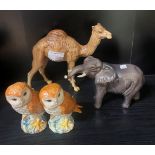 Beswick Elephant 974 together with Beswick Camel 1044 (small chip to ear) & two small Barn Owls (4)