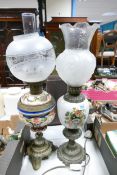 Two Large Reproduction Oil Lamps, tallest complete 67cm(2)
