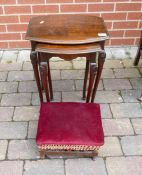 Upholstered Antique foot stool & nest of 2 later tables(2)