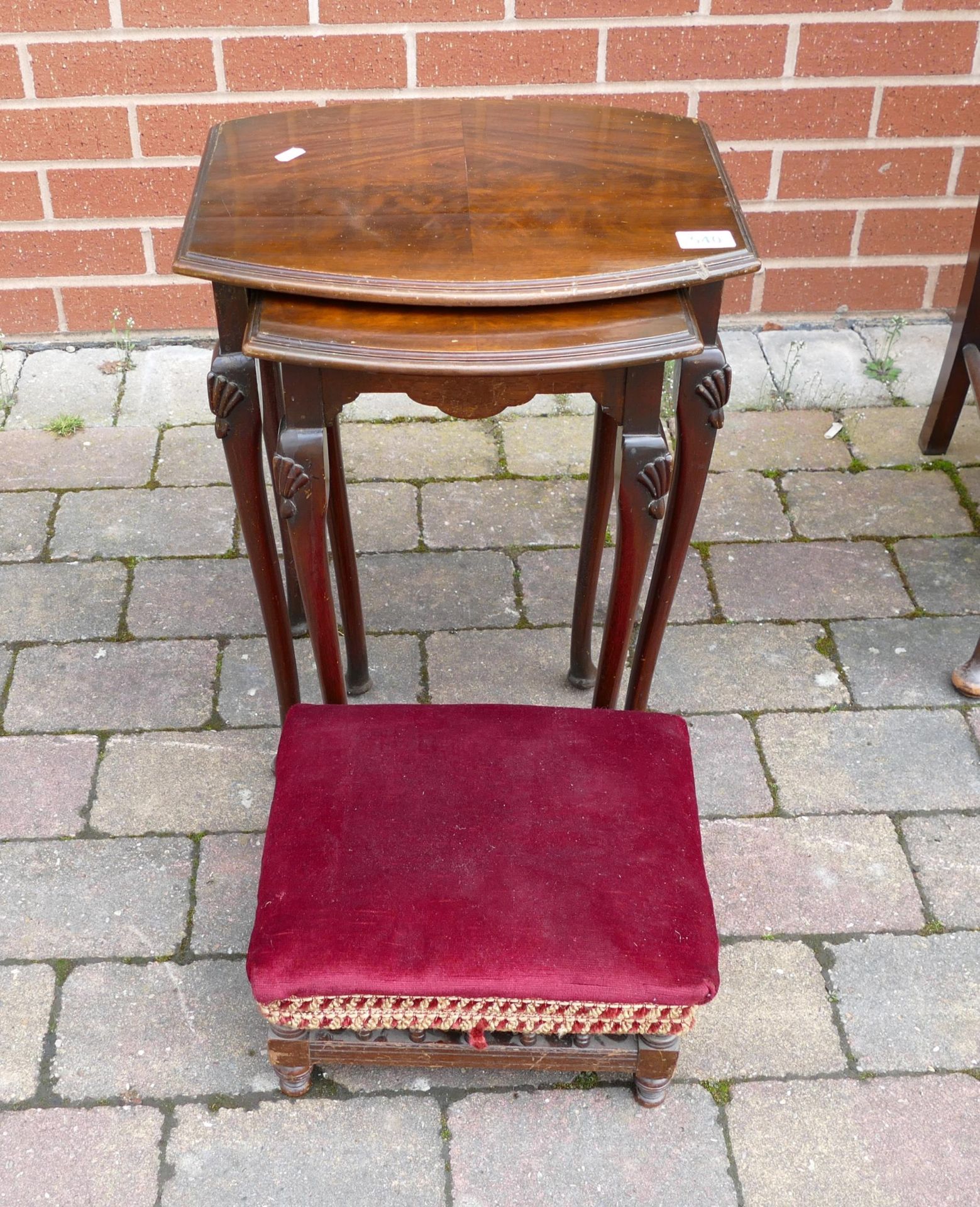 Upholstered Antique foot stool & nest of 2 later tables(2)