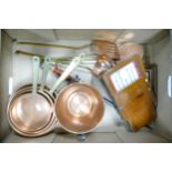 A mixed collection of Metal Ware items to include Copper Graduated Pan Set, decorative copper 7
