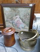 A mixed collection of items to fire screen, brass coal bucket & mid century wooden Ice Bucket(3)