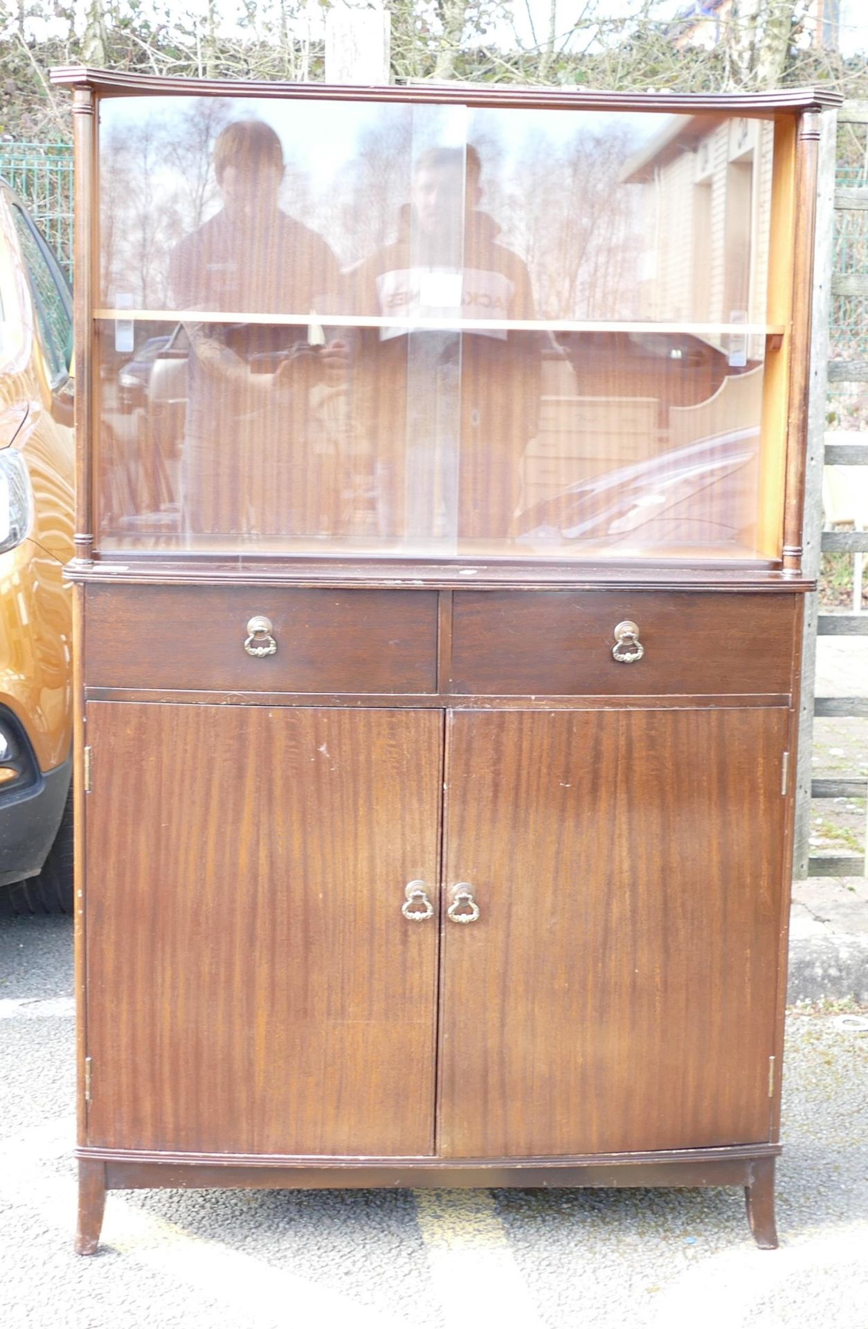 Mid century dark Oak glass front drinks cabinet 144cm H X 91cm W