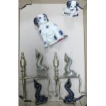 A mixed collection of items to include Brass Fire Dogs, Ornamental Brass Grotesque Fish, similar
