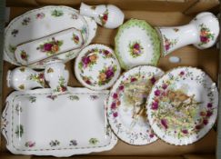 A collection of Royal Albert Old Country Rose & similar patterned items including wall clocks, pin
