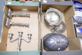 A mixed collection of metal ware items to include candlesticks, Footed tureen , Silver Plated Cloche