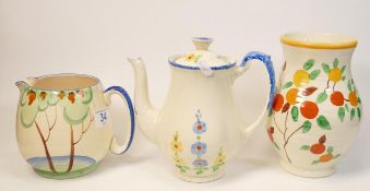 A mixed collection of items to include hand decorated art Deco Style Teapot, Water Jug & Vase,