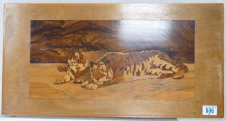 Inlaid Wooden marquetry panel with image of Tiger, 31 x 61cm