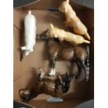 Beswick Wooley Shetland Pony 1033 (damaged ear) & Welsh Cob 1793 together with two small Barn Owls,