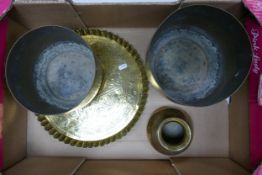 A collection of Islamic Type brass ware including planters tray & smaller vase