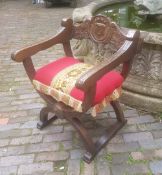 Carved Oak Baronial Throne X Frame Chair.