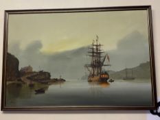 Large framed oil on canvas of a tall ship leaving for sea, signed lower left, overall size 95cm x