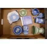 A collection of Sage Green & Blue Wedgwood Jasperware including jugs, box, pin dish, lidded pot etc