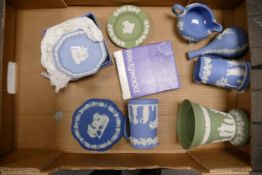 A collection of Sage Green & Blue Wedgwood Jasperware including jugs, box, pin dish, lidded pot etc