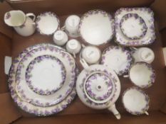 Royal Doulton 'Violet' H3747 pattern teaware to include 6 trios, teapot, milk and sugar, two cake