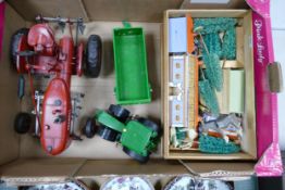 Large Tin Plate Vintage Tractor, Britains John Deere Toy Tractor & trailer & carved wooden