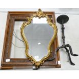 A mixed collection of items to include Wrought Iron Candlestick, Gilt Effect Mirror & Wooden