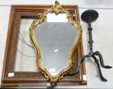 A mixed collection of items to include Wrought Iron Candlestick, Gilt Effect Mirror & Wooden