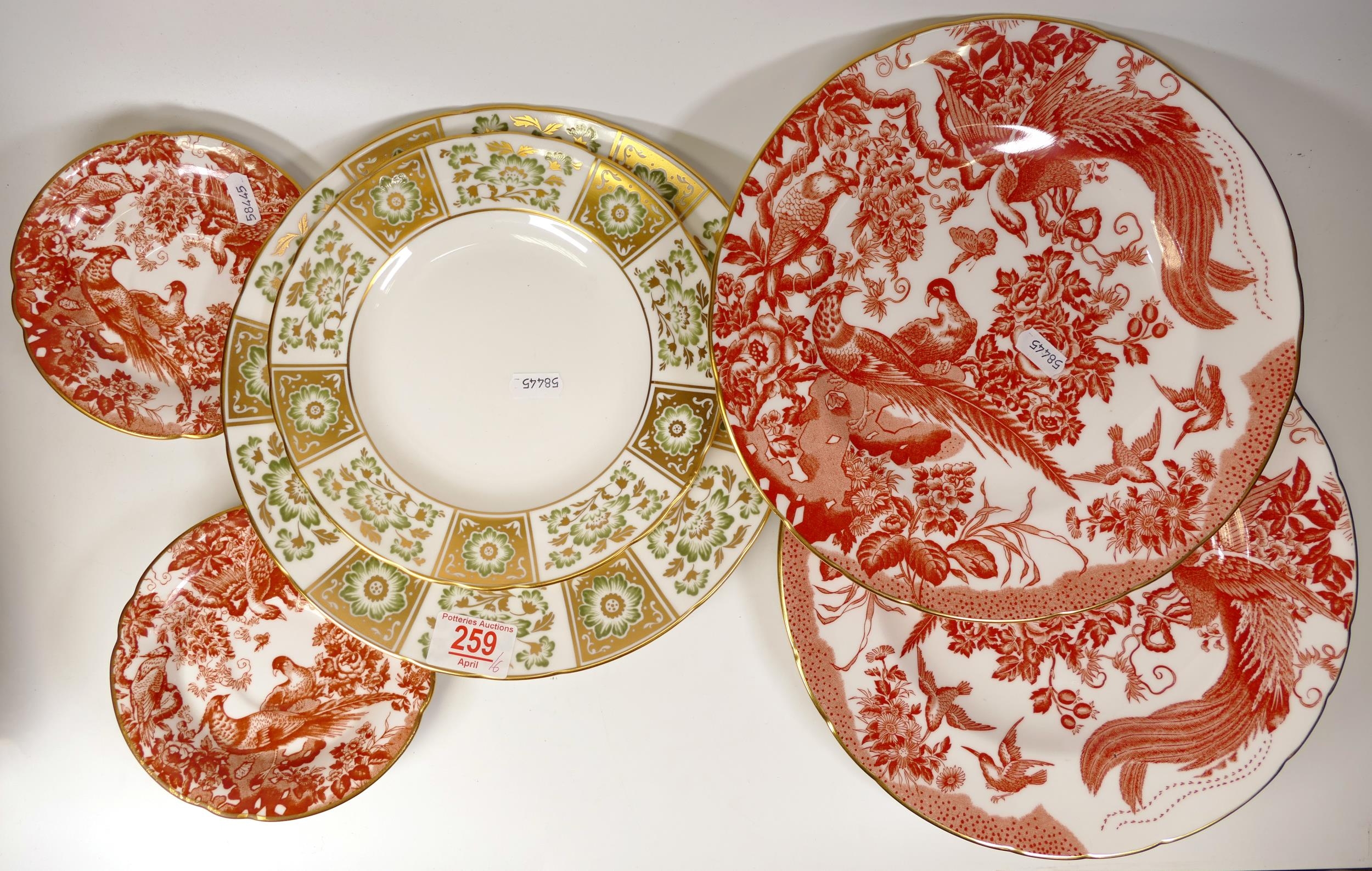 Royal Crown Derby Red Aves & Green Derby Panel Patterned plates & saucers, largest diameter 27cm(6)