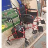 Drive branded lightweight transit wheelchair together with a Drive branded tri-stroller, both as