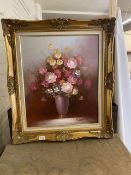A large gilt framed oil on canvas of a still life study painting signed lower right 79 x 69cm