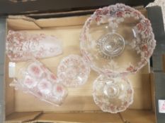 Collection of Waltherglas pink floral plum vases, pot and bowls. (1 Tray)