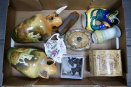 A mixed collection of items to include Dartmouth Guggle Jug, Hand Decorated vases, Pottery Biscuit
