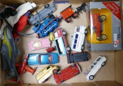 A collection of vintage Corgi, Matchbox & similar play worn vintage cars & vehicles
