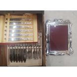 Two boxed mother of pearl dessert cutlery and fish knife set together with Sterling Silver