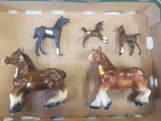 Beswick Black Beauty Foal together with two Beswick brown foals and two Melba style shire horses. (1