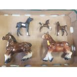 Beswick Black Beauty Foal together with two Beswick brown foals and two Melba style shire horses. (1