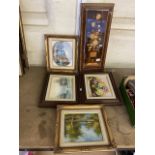 A group of 4 oil on canvas paintings together with Italian tourist ware inlaid decorative Picture