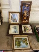A group of 4 oil on canvas paintings together with Italian tourist ware inlaid decorative Picture