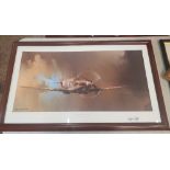 Large mounted and framed Spitfire print by Barrie A. F. Clark in mahogany frame, overall size