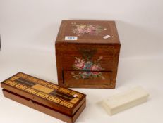 Wooden painted jewellery box together with two boxed domino sets (3)