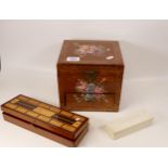 Wooden painted jewellery box together with two boxed domino sets (3)