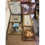 A mixed group of framed artwork to include 3 oil on canvas's, Egyptian style print, map of