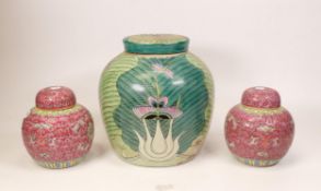 A large Chinese pottery ginger jar decorated with dragonflies together with a pair of pink ginger