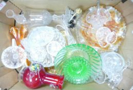 A mixed collection of glassware to include Carnival Glass Bowl, Cocktail sticks, vases, bowls etc