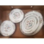 Wedgwood Kutani Crane pattern dinnerware, oval platter, open vegetable dish, 8 salad plates. (1