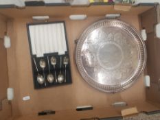 Silverplate on Copper Serving Tray on Ball and Claw Feet together with Cased Set of Sterling